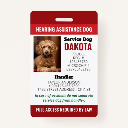 Red Hearing Assistance Dog Logo QR Foto-ID Badge (Voorkant)