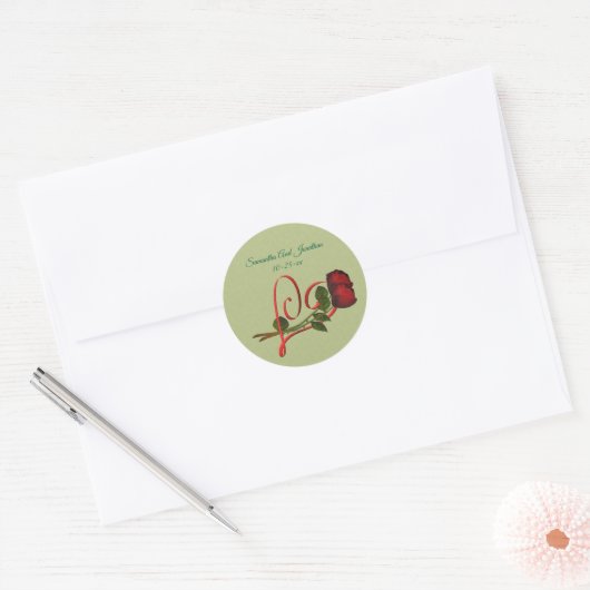 Red Heart And Roses Personalized Wedding  Ronde Sticker (Envelop)