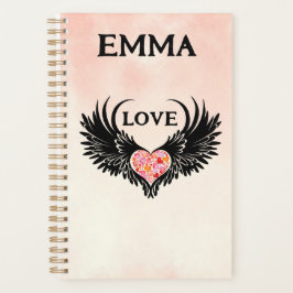 Red heart angel black wings planner