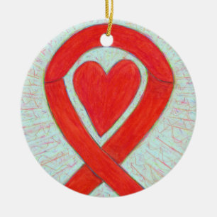 Red Heart Awareness Ribbon Custom Art Ornamies Keramisch Ornament