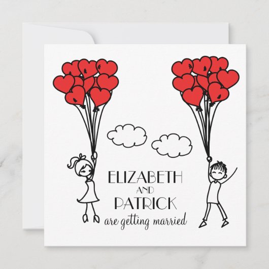 Red Heart Balloons Doodles Wedding Invitation Kaart (Voorkant)