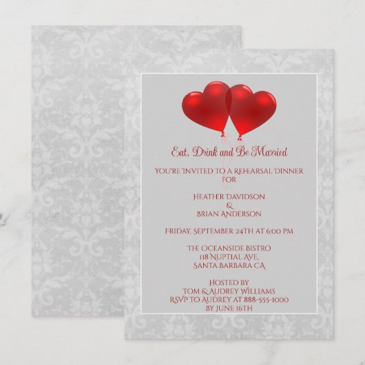 Red Heart Balloons Rehearsal Dinner Invitation Kaart (Voorkant / Achterkant)