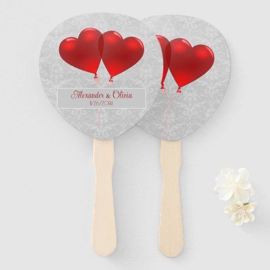 Red Heart Balloons Weddenschap voor handhand Handwaaier (Voorkant en achterkant)