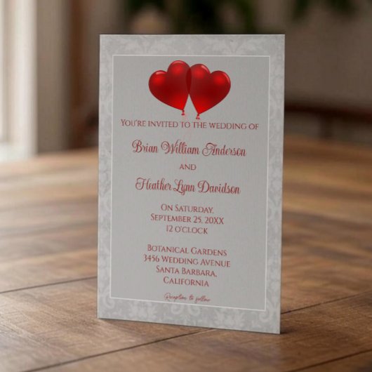 Red Heart Balloons Wedding Invitation Kaart