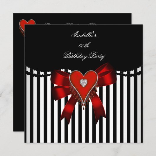 Red Heart Black White Stripe Bow Birthday Party Kaart (Voorkant / Achterkant)