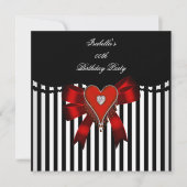 Red Heart Black White Stripe Bow Birthday Party Kaart (Voorkant)