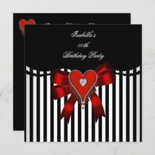 Red Heart Black White Stripe Bow Birthday Party Kaart