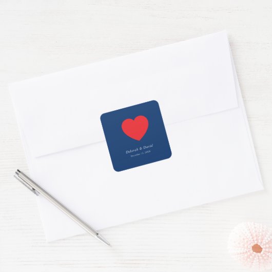 Red Heart Blue Modern Minimalist Wedding Vierkante Sticker (Envelop)