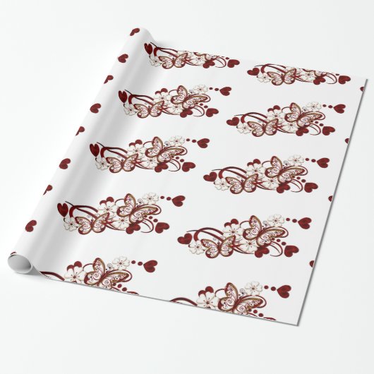 Red Heart Butterflies Pattern Wrapping Paper Cadeaupapier (Uitgerold)