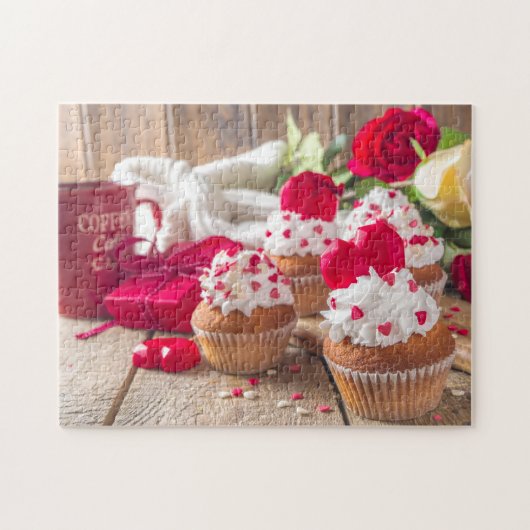 Red Heart Cupcakes Rozen Koffiekoffie Valentijnsda Legpuzzel (Horizontaal)