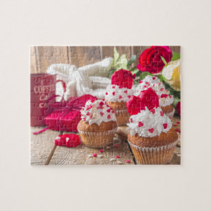 Red Heart Cupcakes Rozen Koffiekoffie Valentijnsda Legpuzzel