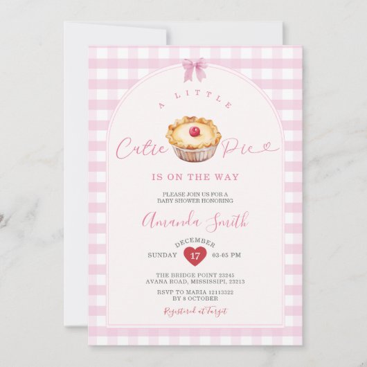 Red Heart Cutie Pie Pink Gingham Baby shower Kaart (Voorkant)