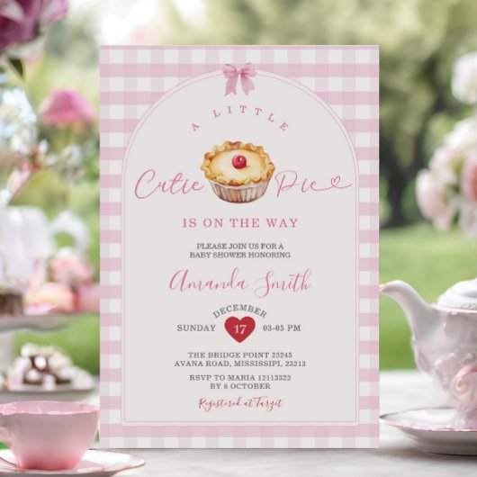 Red Heart Cutie Pie Pink Gingham Baby shower Kaart