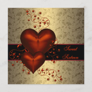 Red Heart Damask Classy Gold Sweet Sixteen Kaart