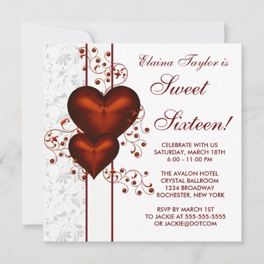 Red Heart Damask Sweet 16 Verjaardagsfeest Kaart (Voorkant)
