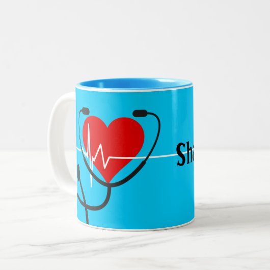 Red Heart EKG en Stethoscoop Medical Blue   Tweekleurige Koffiemok (Voorkant links)