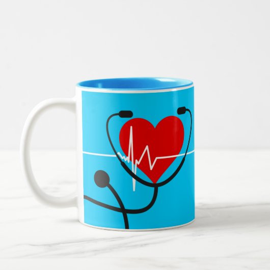 Red Heart EKG en Stethoscoop Medical Blue   Tweekleurige Koffiemok (Links)