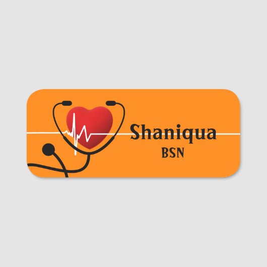 Red Heart EKG en Stethoscoop Medical Tangerine Naamplaatje (Voorkant)