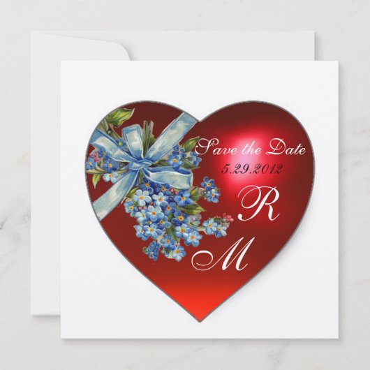 RED HEART EN VERGETEN ME NOTS MONOGRAM blue gold Kaart (Voorkant)