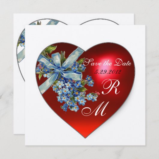 RED HEART EN VERGETEN ME NOTS MONOGRAM blue gold Kaart (Voorkant / Achterkant)
