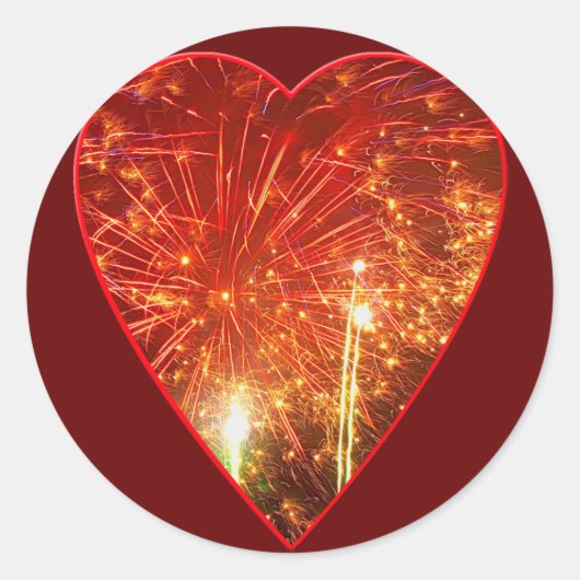 Red Heart Fireworks Ronde Sticker (Voorkant)