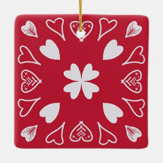 Red Heart Folk Art Pattern-kerstboom Keramisch Ornament (Achterkant)