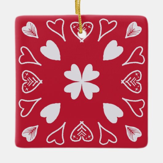 Red Heart Folk Art Pattern-kerstboom Keramisch Ornament (Voorkant)