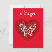 Red heart glitter butterfly notitiekaartje (Voorkant)