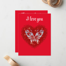 Red heart glitter butterfly notitiekaartje