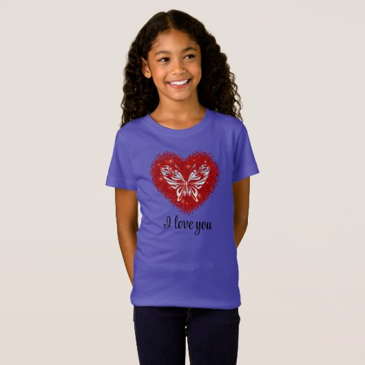 Red heart glitter butterfly t-shirt (Voorkant volledig)