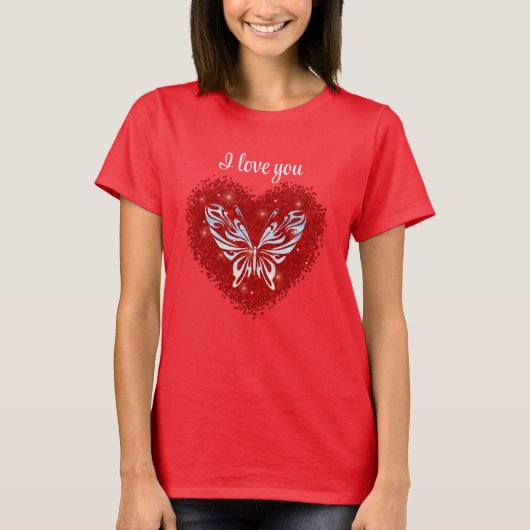 Red heart glitter butterfly t-shirt (Voorkant)