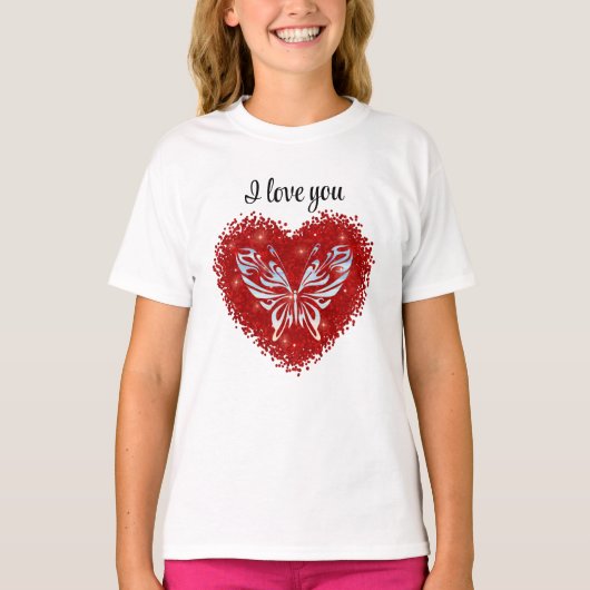 Red heart glitter butterfly t-shirt (Voorkant)