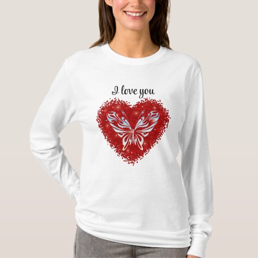 Red heart glitter butterfly t-shirt (Voorkant)