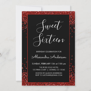 Red Heart Glitter Sparkle Sweet Sixteen Birthday Kaart