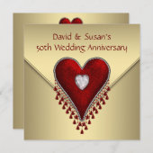 Red Heart Gold 50th Wedding Jubileum Party Kaart (Voorkant / Achterkant)