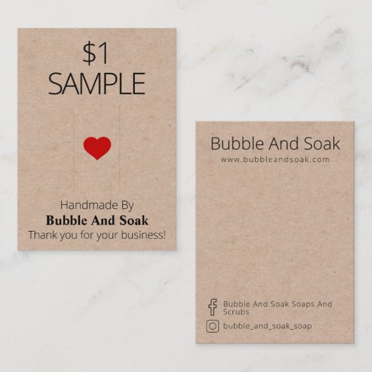 Red Heart Kraft Zeep Sample Display Kaart Visitekaartje (Voorkant / Achterkant)