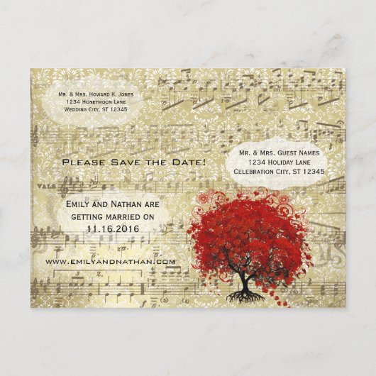 Red Heart Leaf Tree Sparen de Datum Aankondigingskaart (Achterkant)