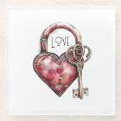 Red Heart Lock & Key Love Glazen Onderzetter (Voorkant)