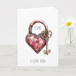 Red Heart Lock & Key Love Kaart