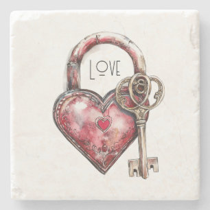 Red Heart Lock & Key Love Stenen Onderzetter