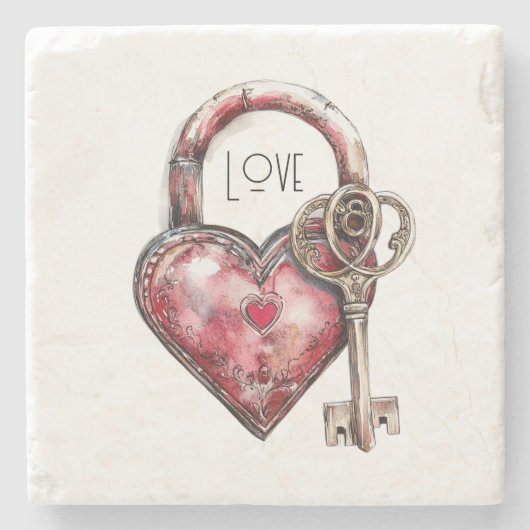 Red Heart Lock & Key Love Stenen Onderzetter (Voorkant)