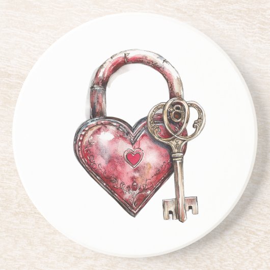 Red Heart Lock & Key Zandsteen Onderzetter (Voorkant)