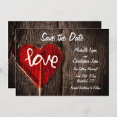 Red Heart Love Lollipop Rustic Barn Wood Weddensch Save The Date (Voorkant / Achterkant)