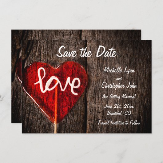 Red Heart Love Lollipop Rustic Barn Wood Weddensch Save The Date (Voorkant / Achterkant)