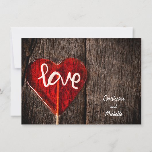 Red Heart Love Lollipop Rustic Barn Wood Weddensch Save The Date (Achterkant)