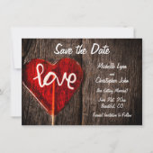 Red Heart Love Lollipop Rustic Barn Wood Weddensch Save The Date (Voorkant)