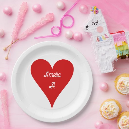Red Heart Love Valentine's Day Name & Monogram Papieren Bordje (Feest)
