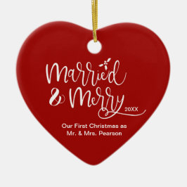 Red Heart Ons eerste kersthuwelijk met Merry Foto Keramisch Ornament