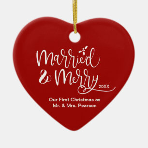 Red Heart Ons eerste kersthuwelijk met Merry Foto Keramisch Ornament