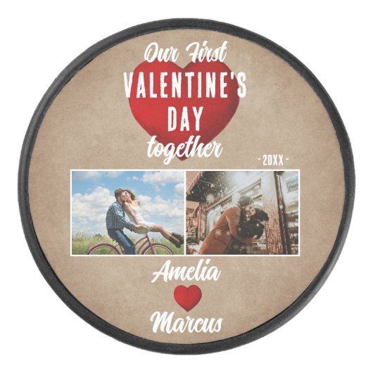 Red Heart Our First Valentijns Together 2 Foto Hockey Puck (Voorkant)